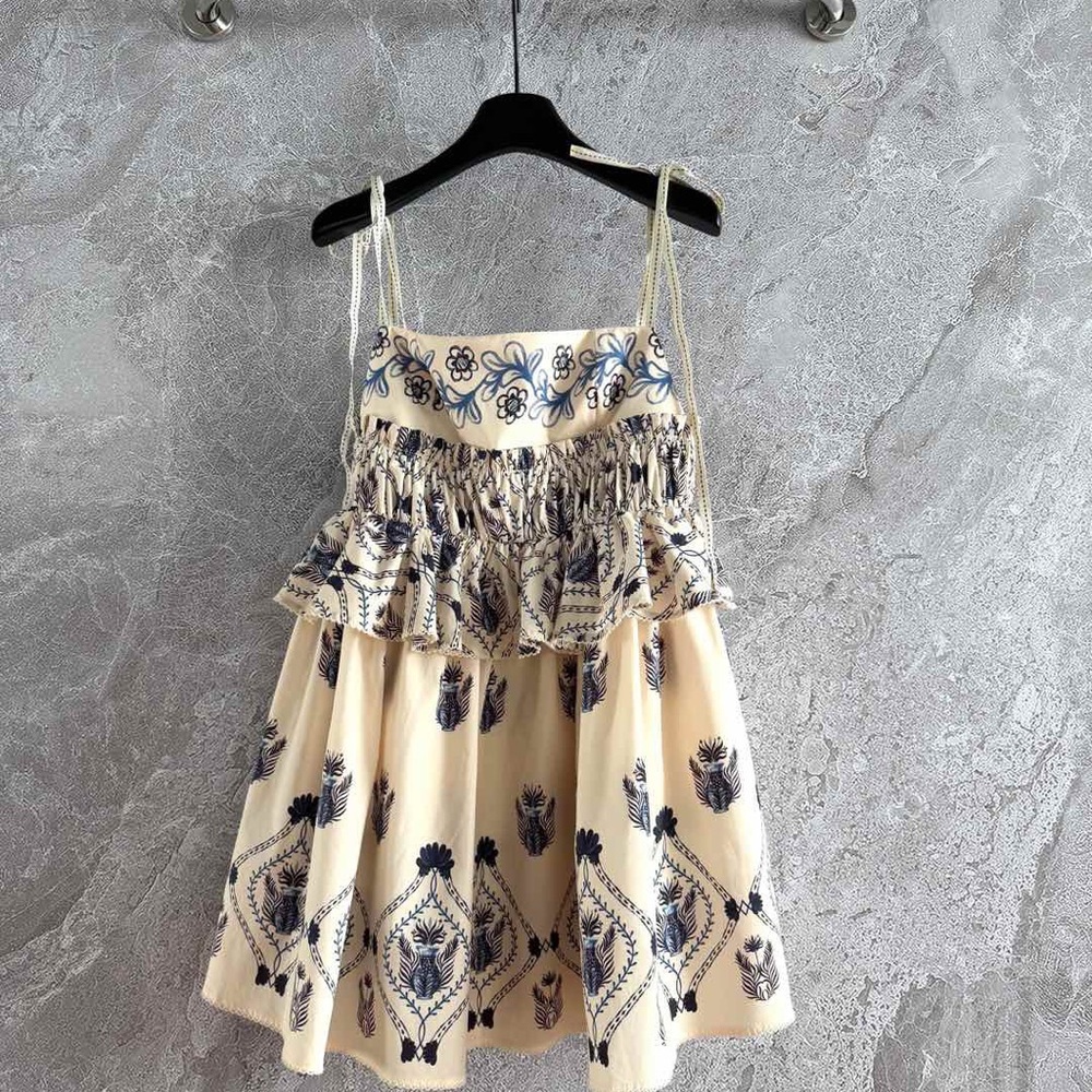 Agua by Agua Bendita Cream Sundress with Navy Embroidery